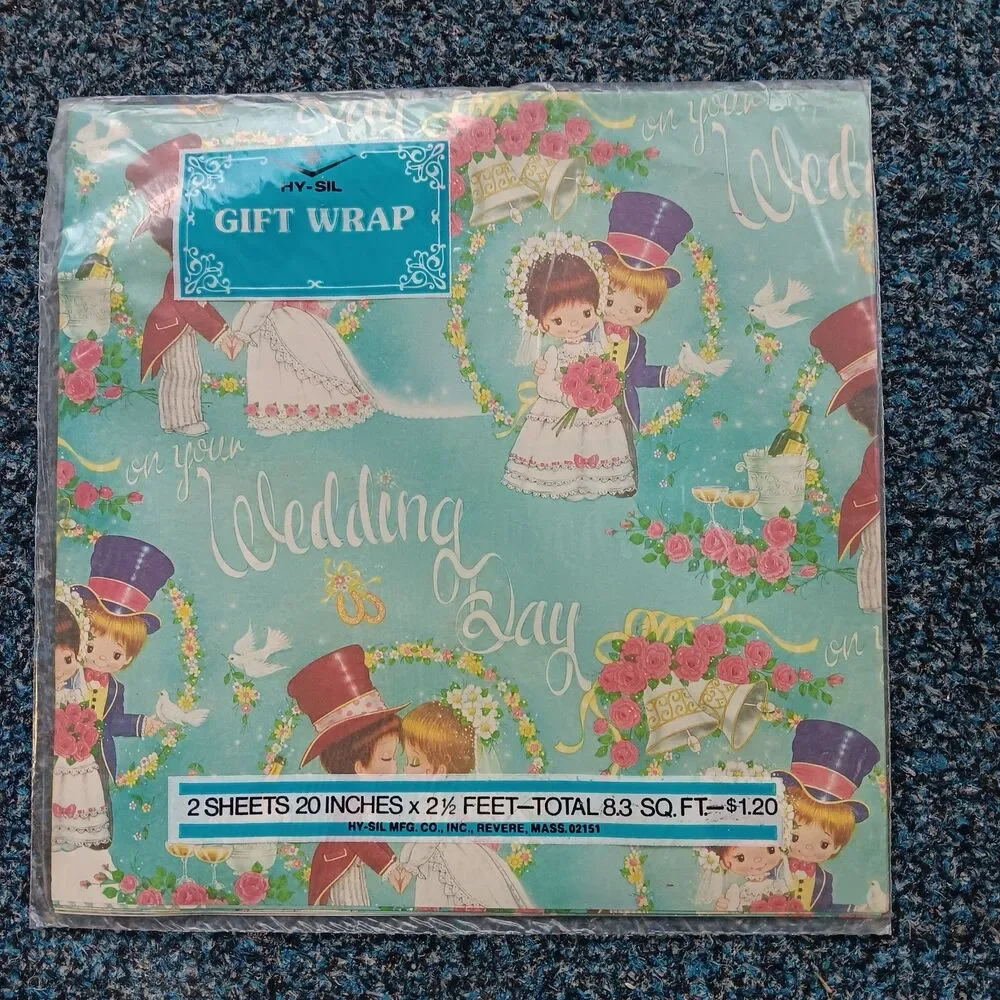 Vintage Hy-Sil Gift Wrap Wrapping Paper On Your Wedding Day 2 Sheets 20x30